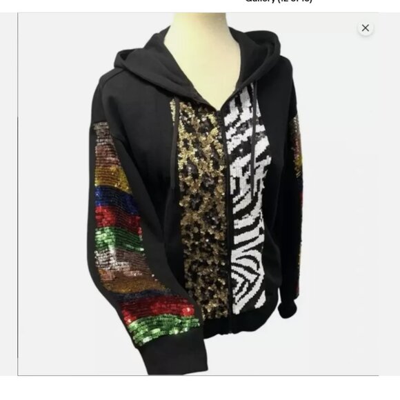 Alice+Olivia Barron Sequined Black Cotton Full Zip Sweatshirt Hoodie Size M - Picture 8 of 10